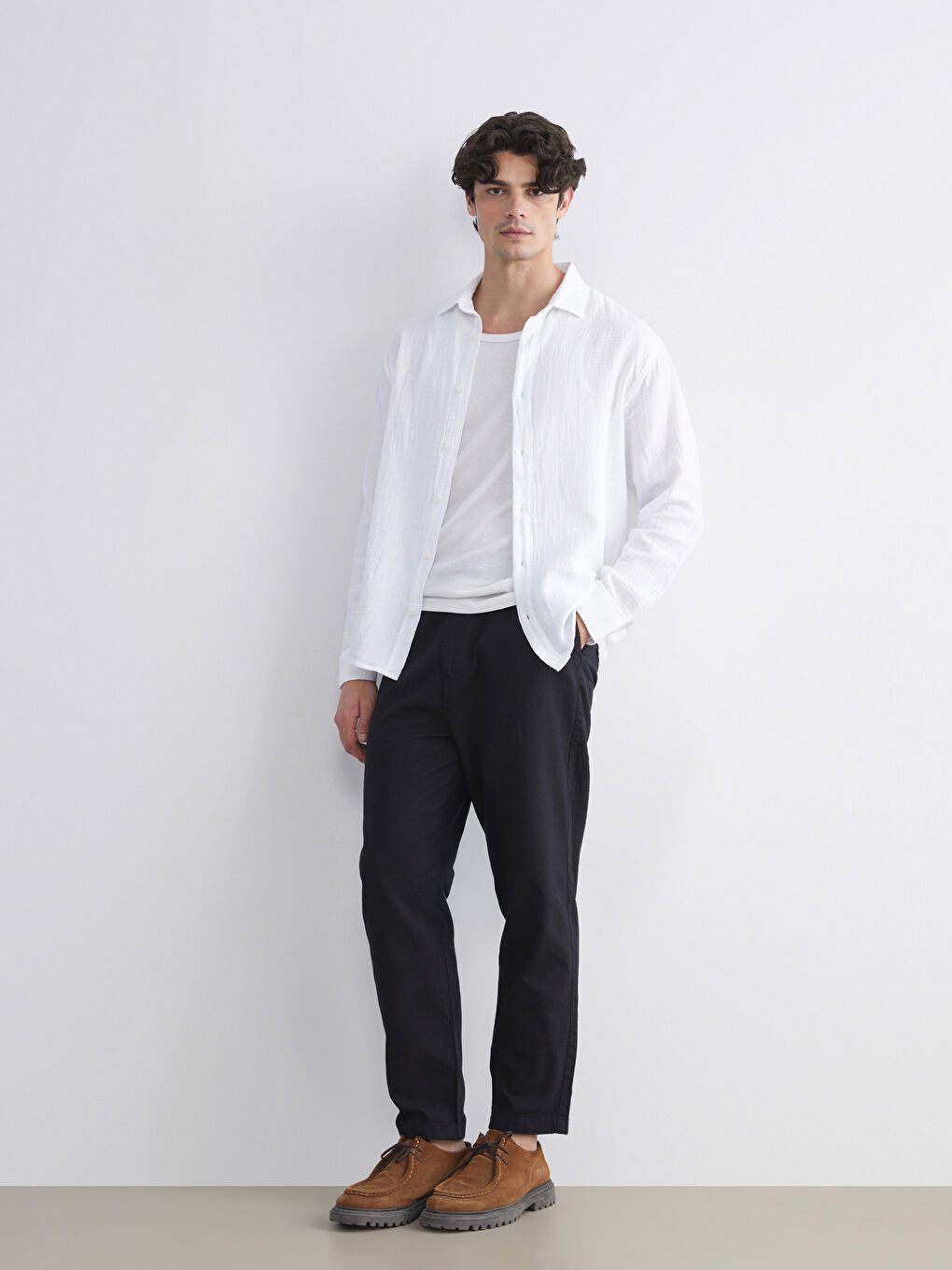 Beyaz Regular Fit Uzun Kollu Müslin Erkek Gömlek-2