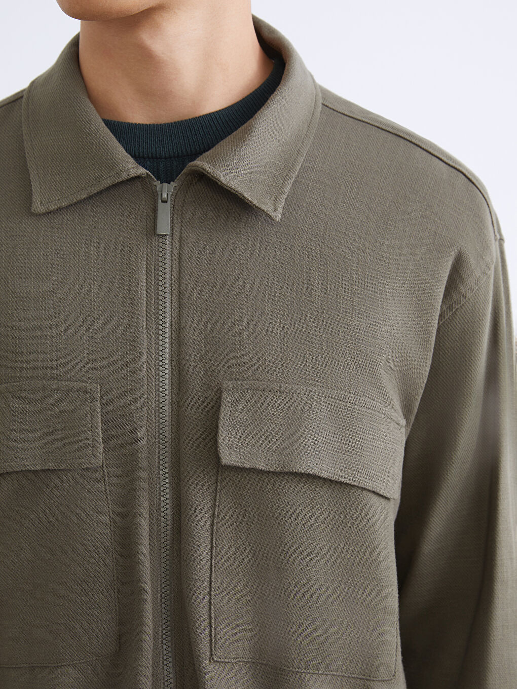 Haki Rahat Kalıp Uzun Kollu Erkek Gömlek Ceket-2