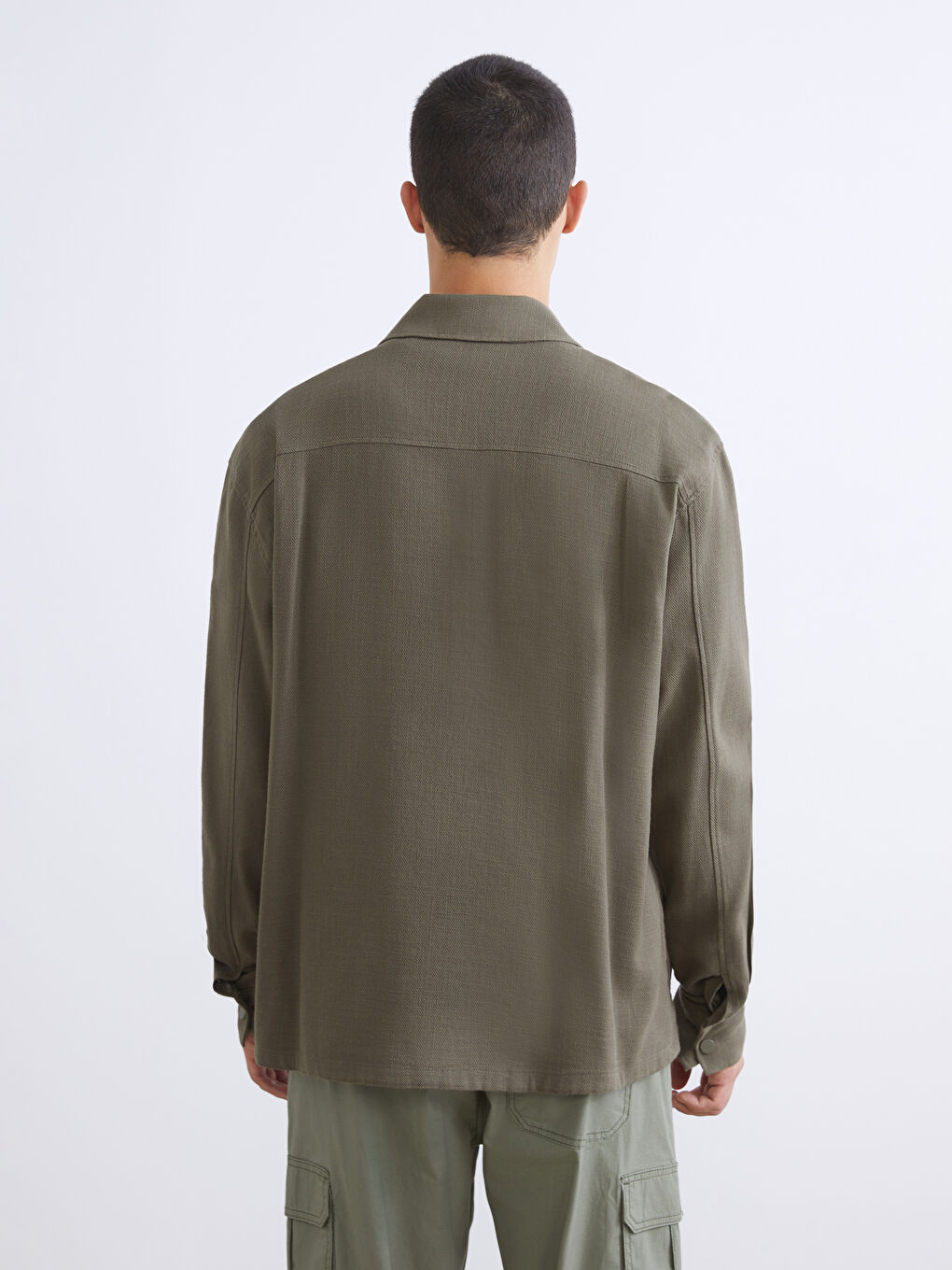 Haki Rahat Kalıp Uzun Kollu Erkek Gömlek Ceket-3