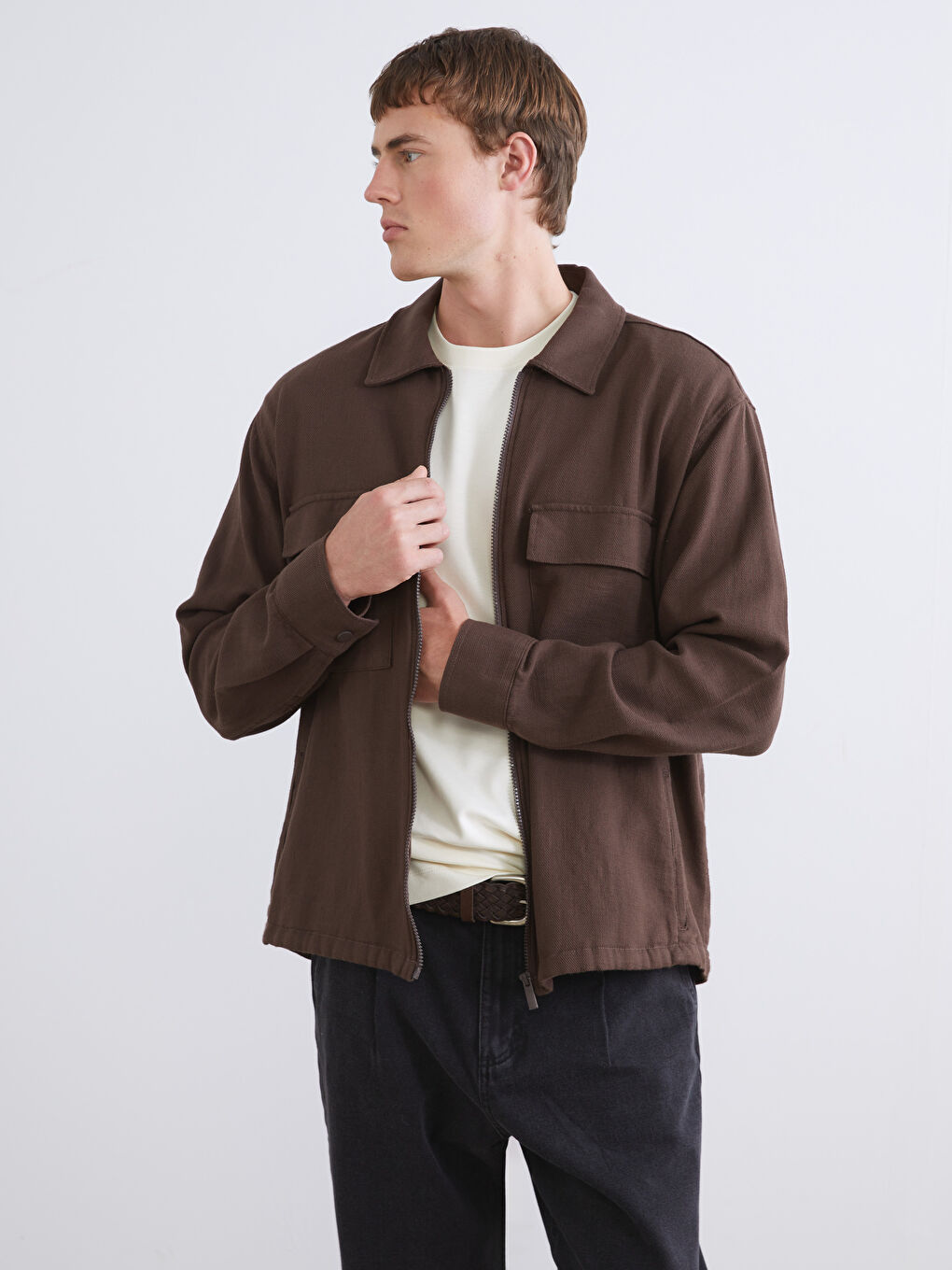 Kahverengi Rahat Kalıp Uzun Kollu Erkek Gömlek Ceket