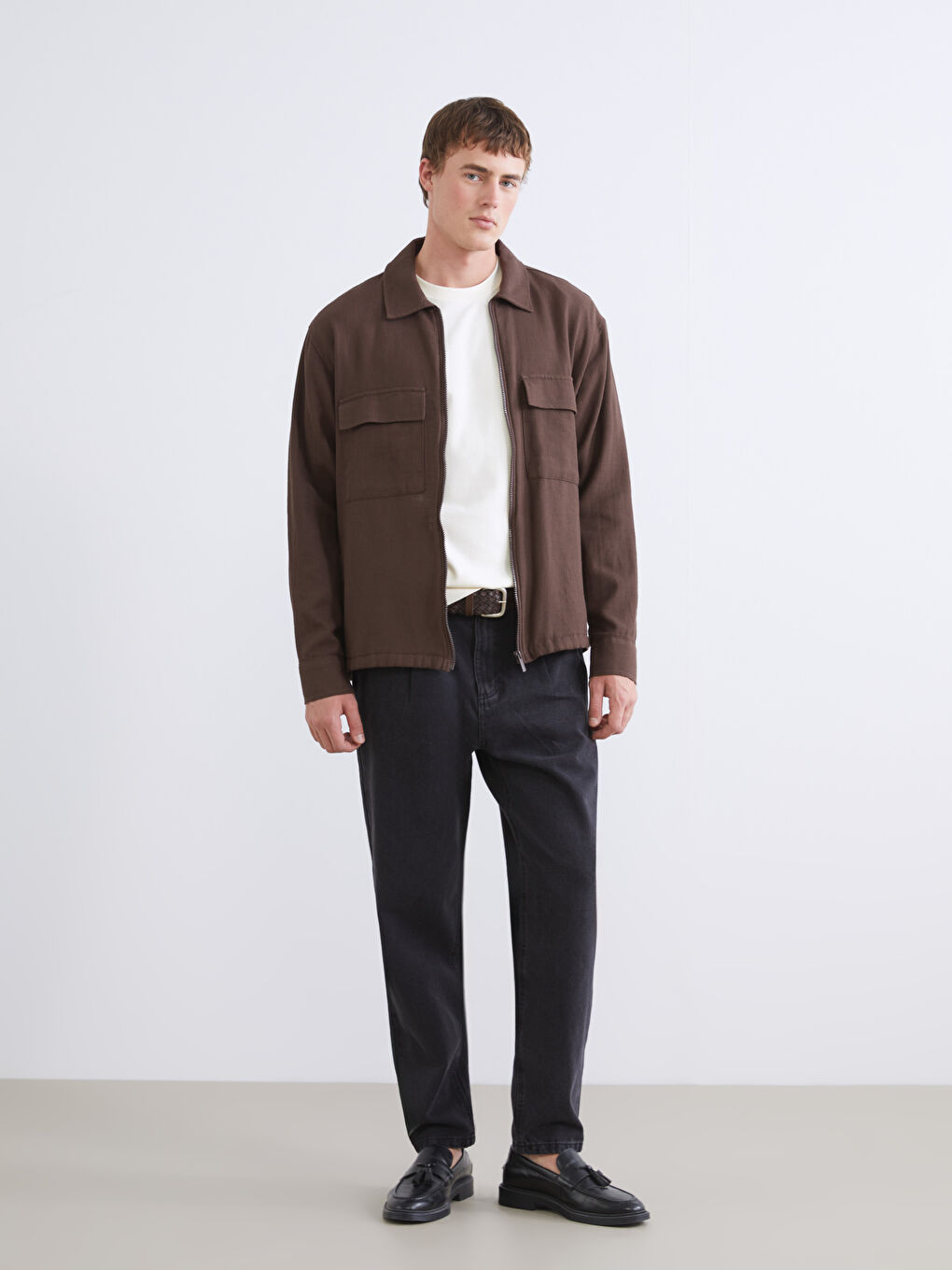 Kahverengi Rahat Kalıp Uzun Kollu Erkek Gömlek Ceket-1