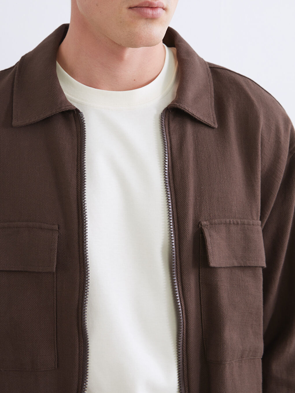 Kahverengi Rahat Kalıp Uzun Kollu Erkek Gömlek Ceket-2