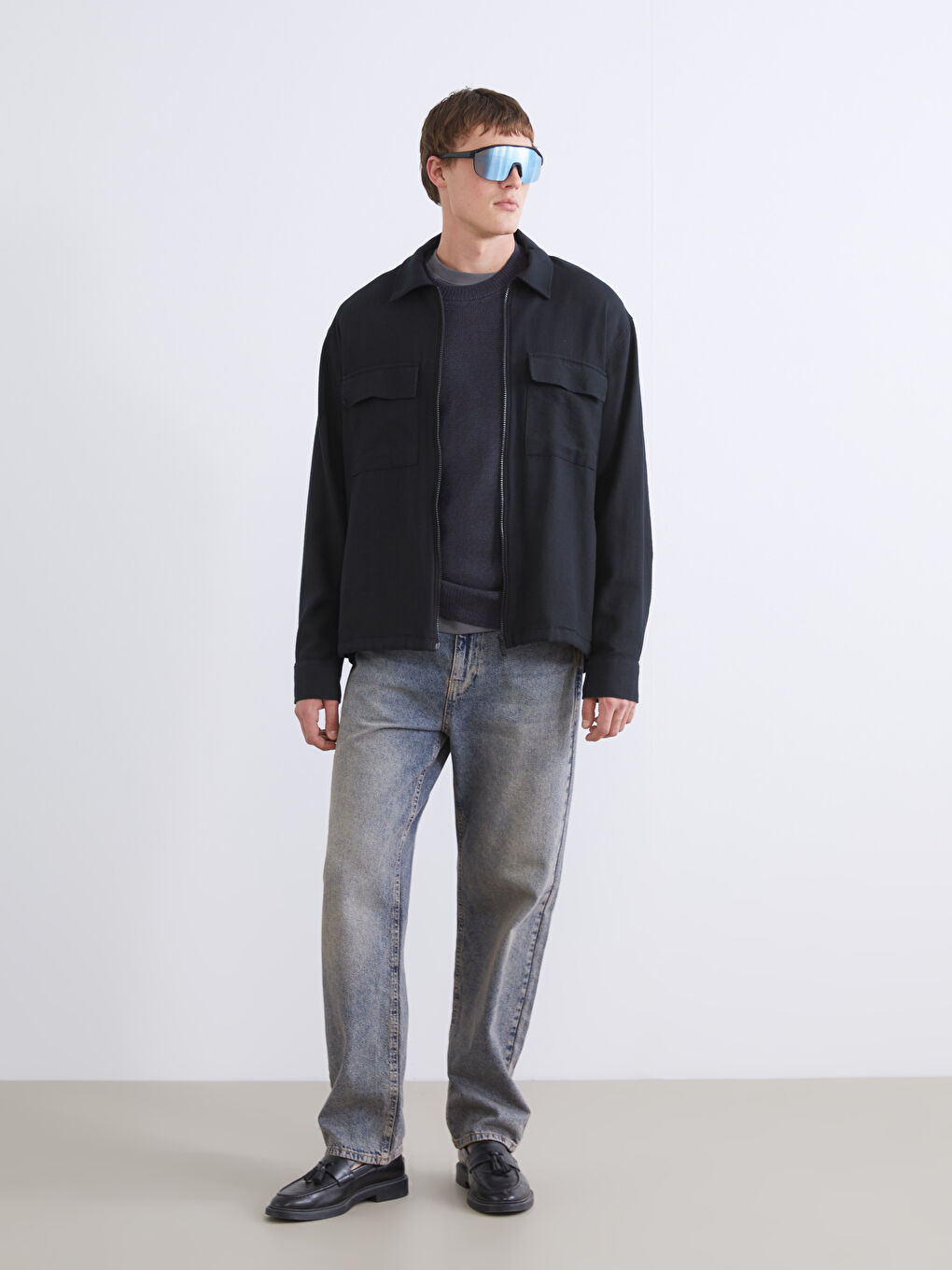 Siyah Rahat Kalıp Uzun Kollu Erkek Gömlek Ceket-1