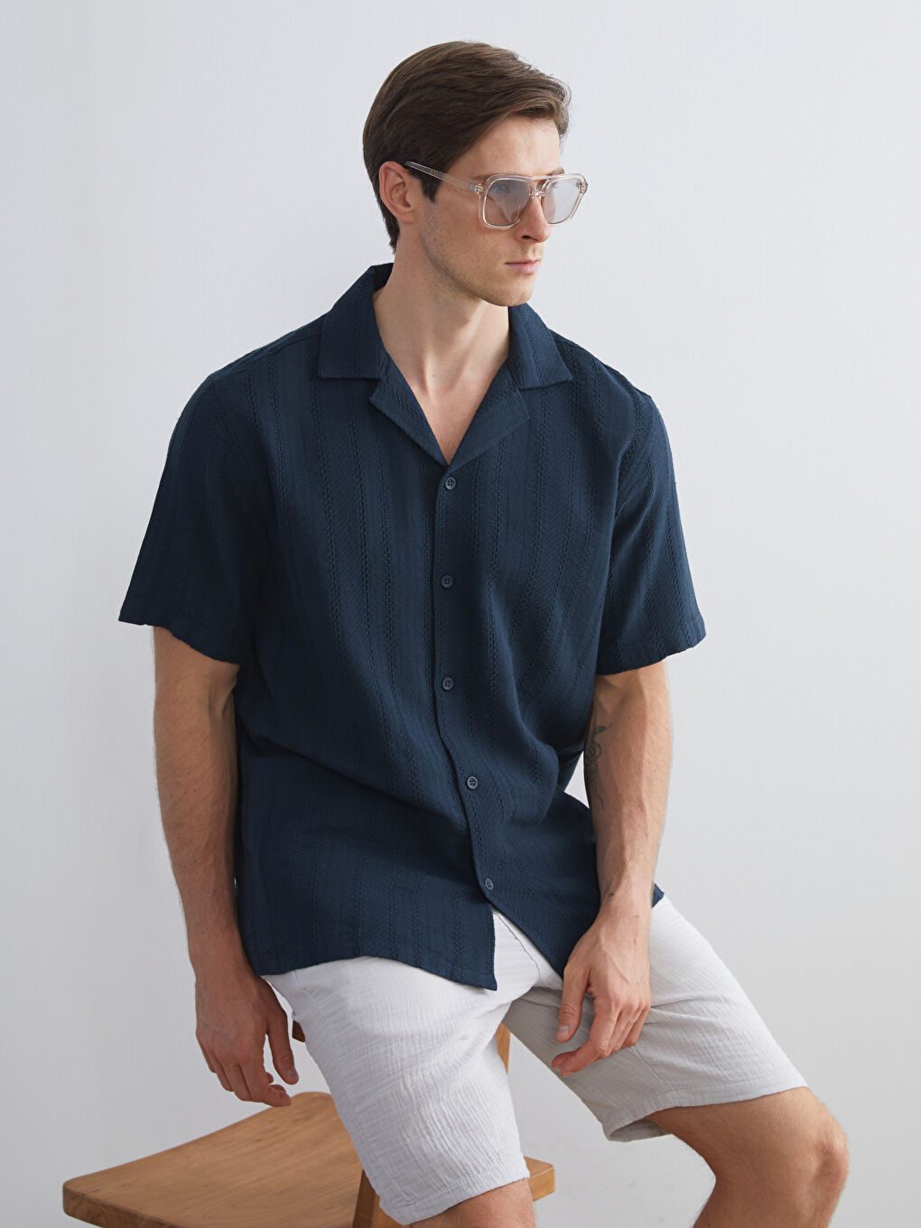 Lacivert Regular Fit Resort Yaka Kısa Kollu Erkek Gömlek