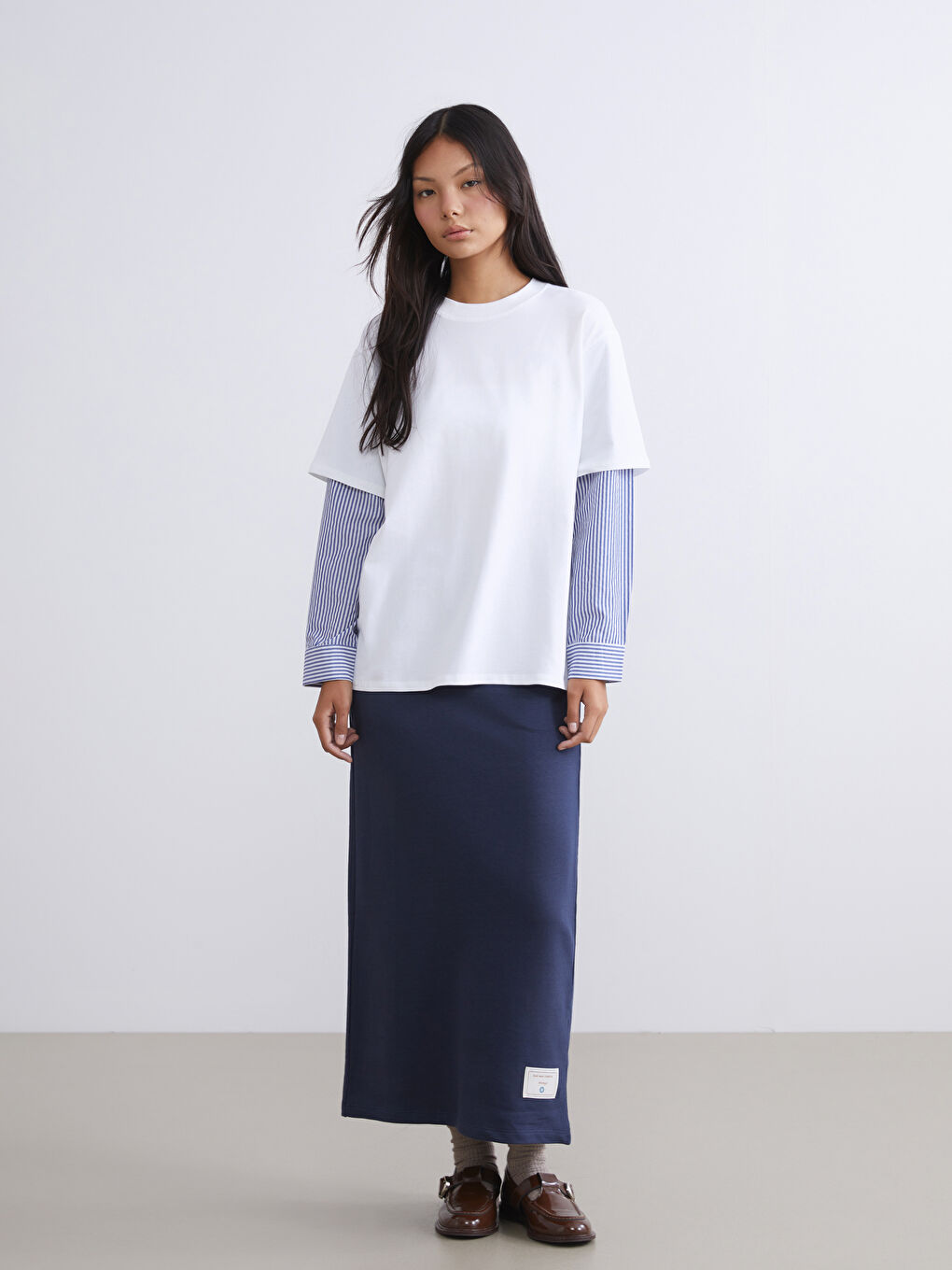 Ekru Bisiklet Yaka Çizgili Kadın Sweatshirt Tunik-1