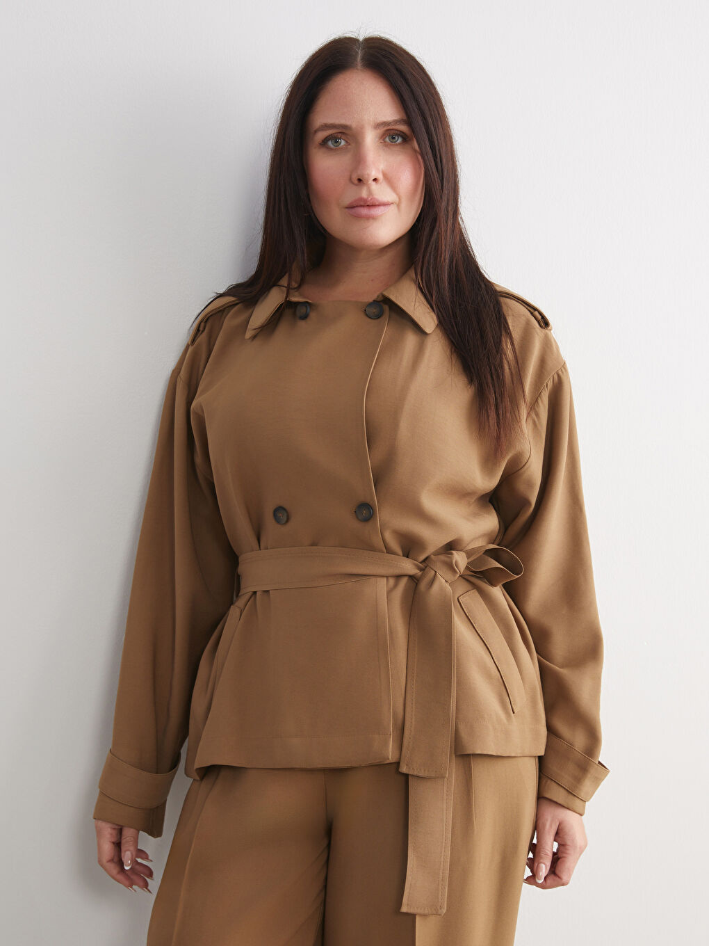 Kahverengi Gömlek Yaka Oversize Kadın Ceket-1