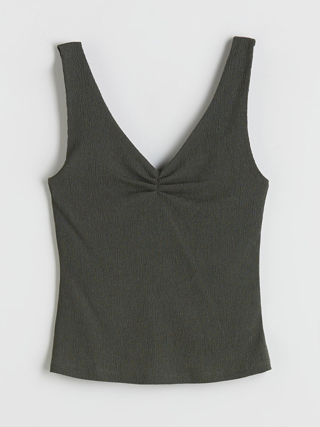 Haki V Yaka Dokulu Büzgülü Bluz-4