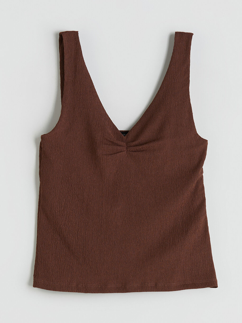 Kahverengi V Yaka Dokulu Büzgülü Bluz-4