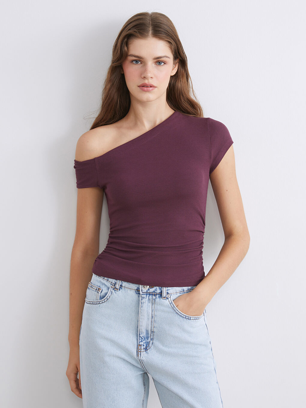 Mürdüm Kayık Yaka Büzgülü Bluz