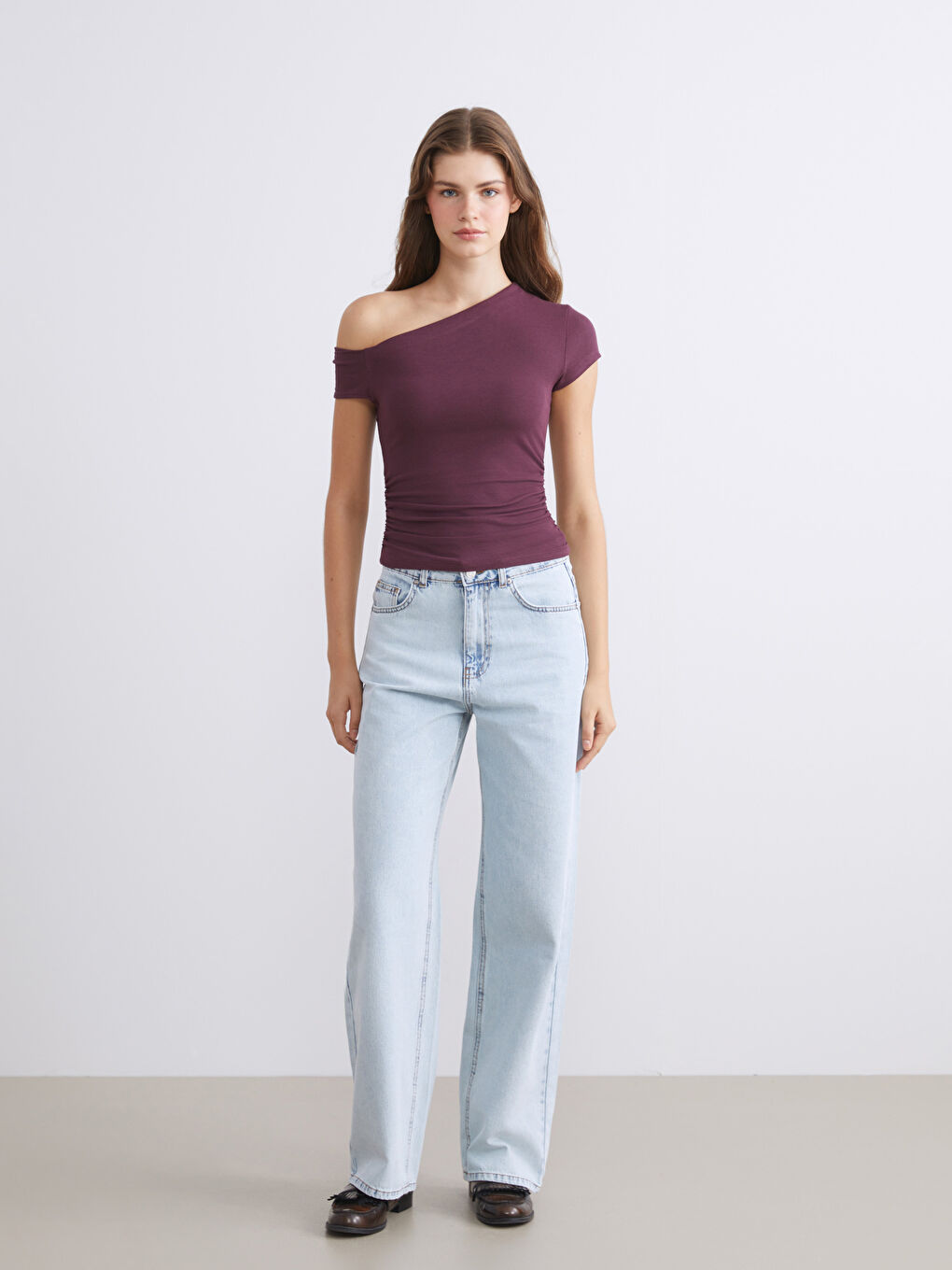 Mürdüm Kayık Yaka Büzgülü Bluz-1