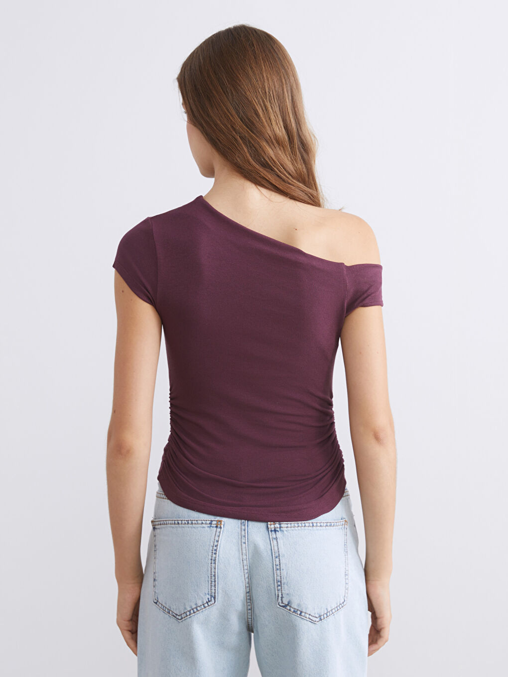 Mürdüm Kayık Yaka Büzgülü Bluz-3