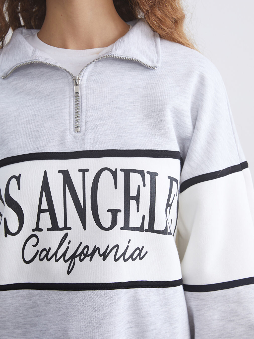 Gri Los Angeles Baskılı Oversize Kadın Kalın Sweatshirt-2