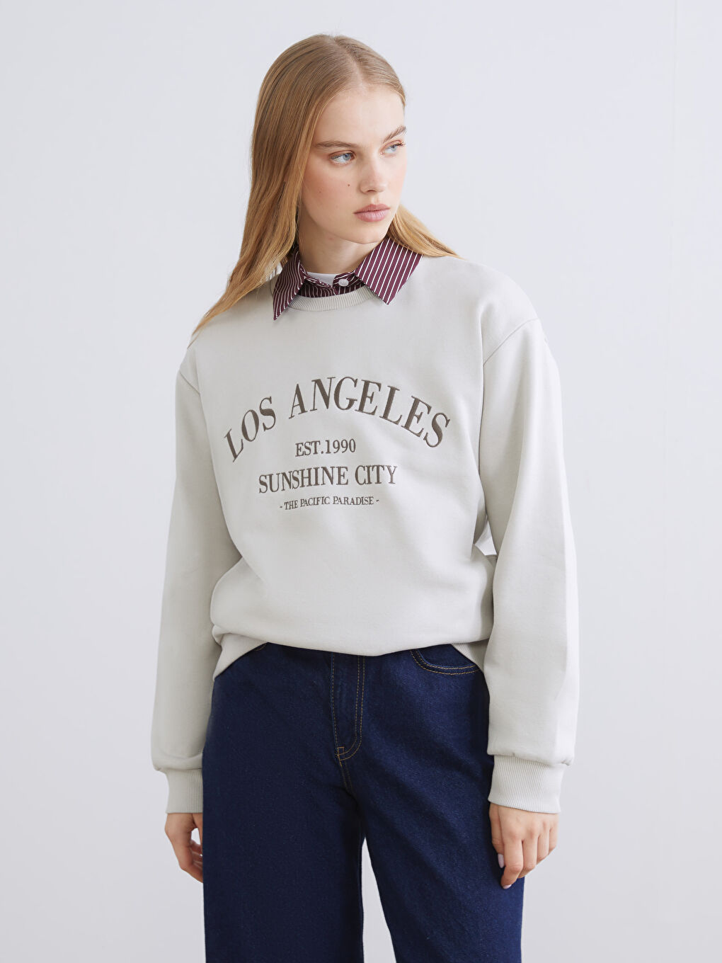 Kahverengi Los Angeles Baskılı Oversize Kadın Kalın Sweatshirt