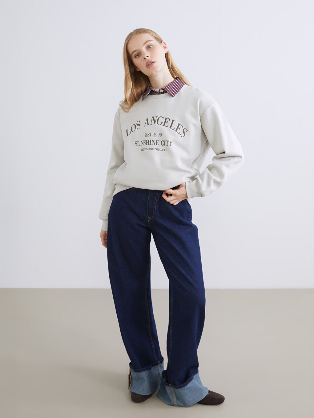 Kahverengi Los Angeles Baskılı Oversize Kadın Kalın Sweatshirt-1