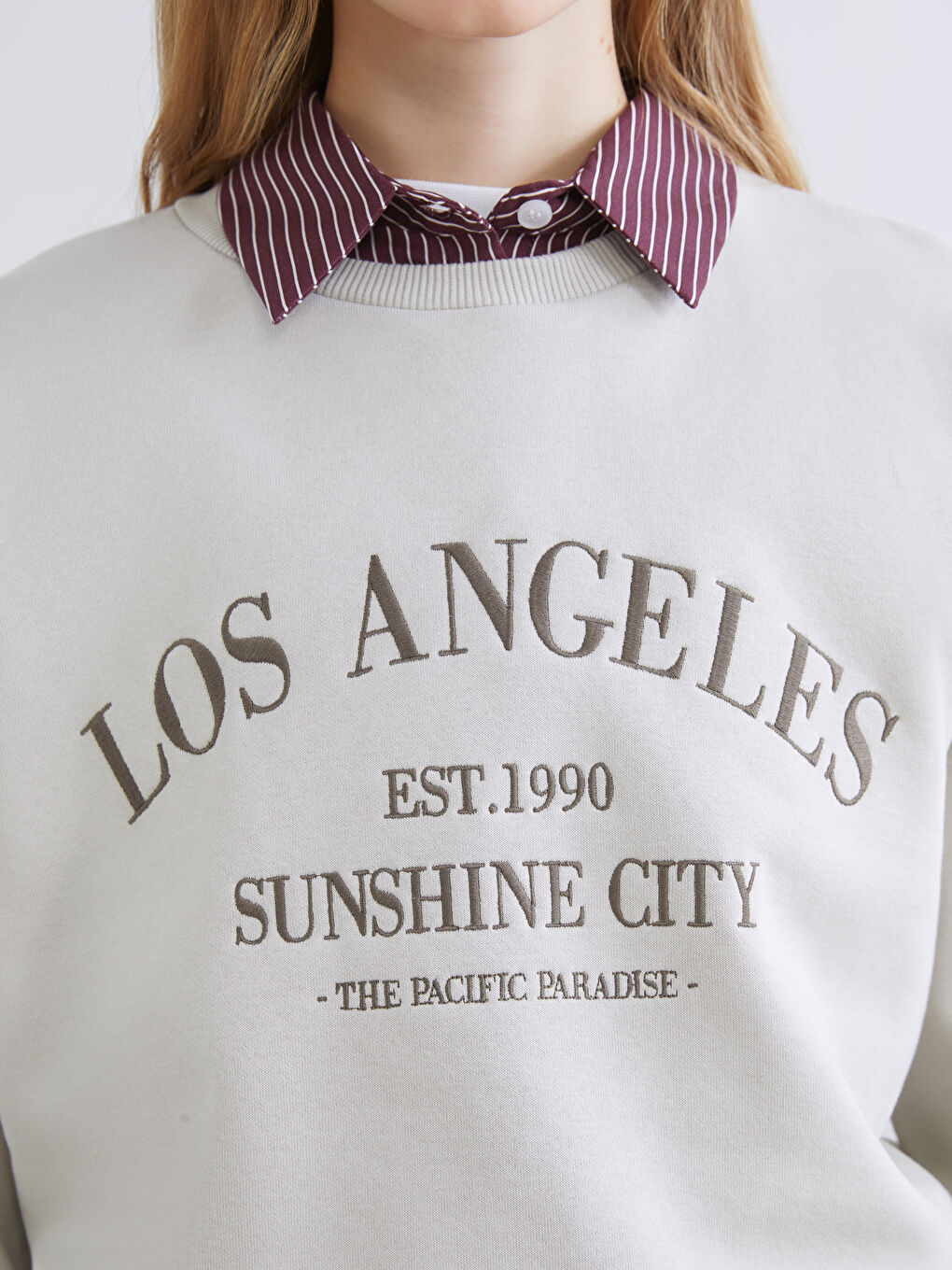 Kahverengi Los Angeles Baskılı Oversize Kadın Kalın Sweatshirt-2