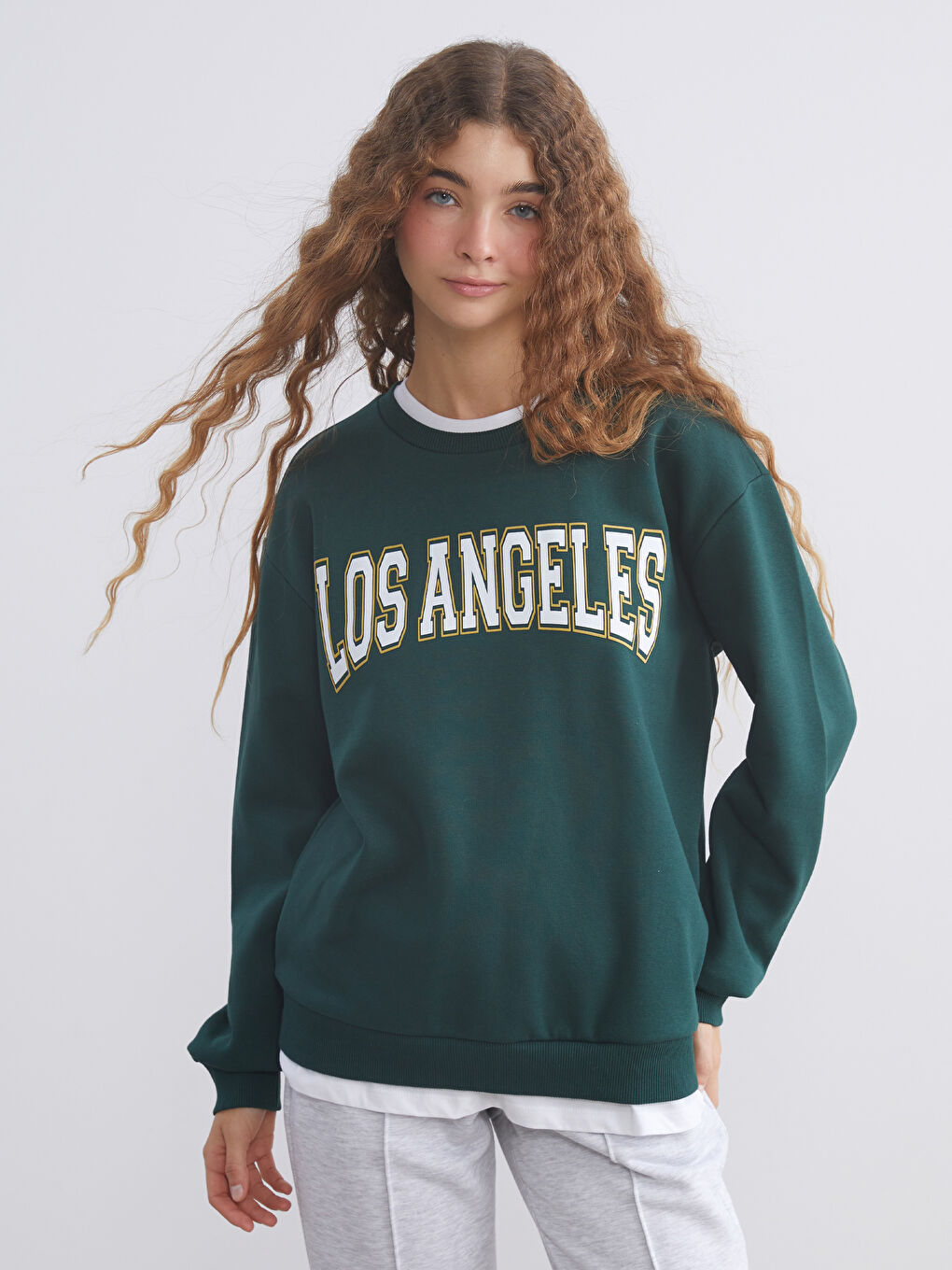 Yeşil Los Angeles Baskılı Oversize Kadın Kalın Sweatshirt