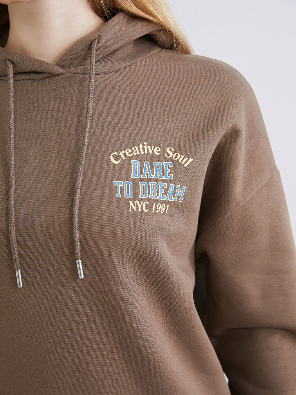 Kahverengi Baskılı Oversize Kadın Kalın Hoodie-2