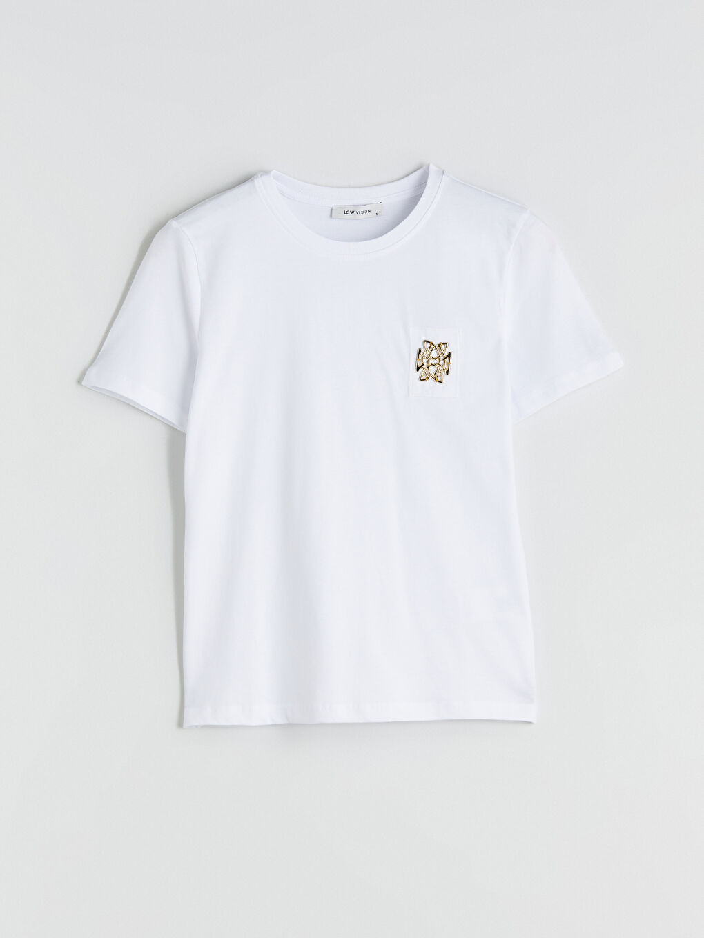 Beyaz Bisiklet Yaka Metal Süs Detaylı Kadın Tişört-5