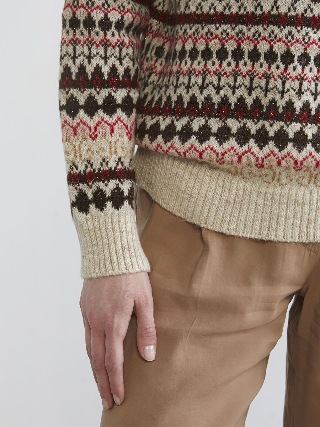 Ekru Bisiklet Yaka Desenli Kadın Triko Kazak-2