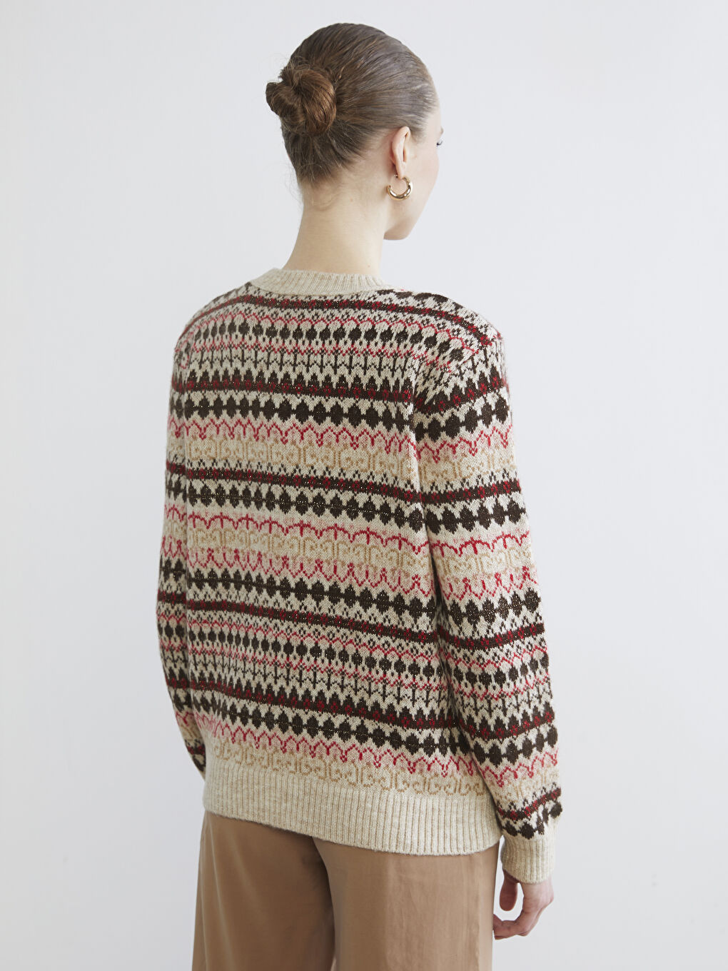 Ekru Bisiklet Yaka Desenli Kadın Triko Kazak-3