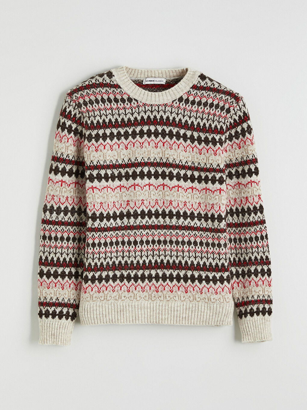 Ekru Bisiklet Yaka Desenli Kadın Triko Kazak-4