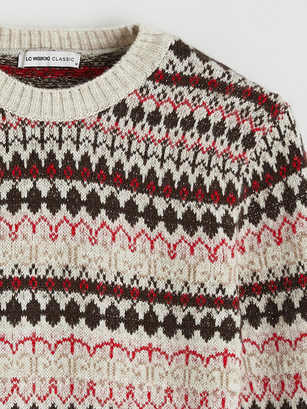 Ekru Bisiklet Yaka Desenli Kadın Triko Kazak-5