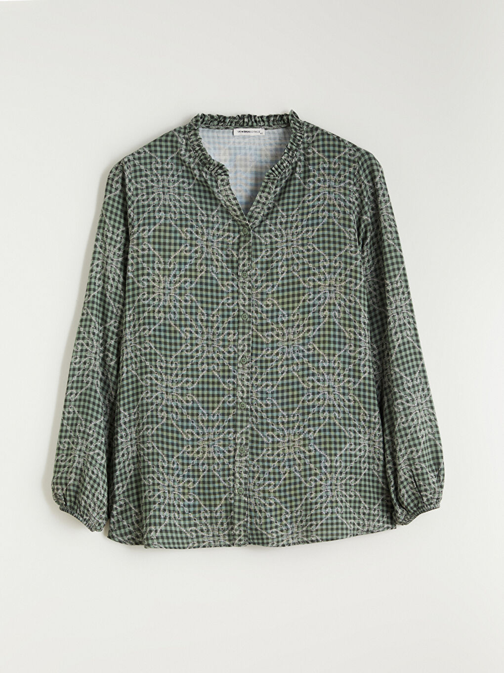 Yeşil Kaçık Yaka Desenli Kadın Gömlek-8