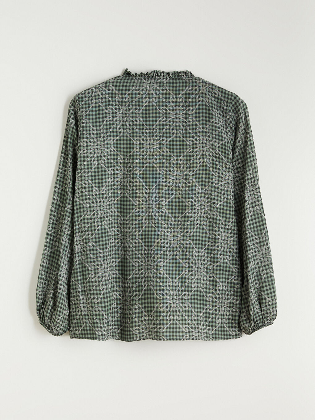 Yeşil Kaçık Yaka Desenli Kadın Gömlek-9