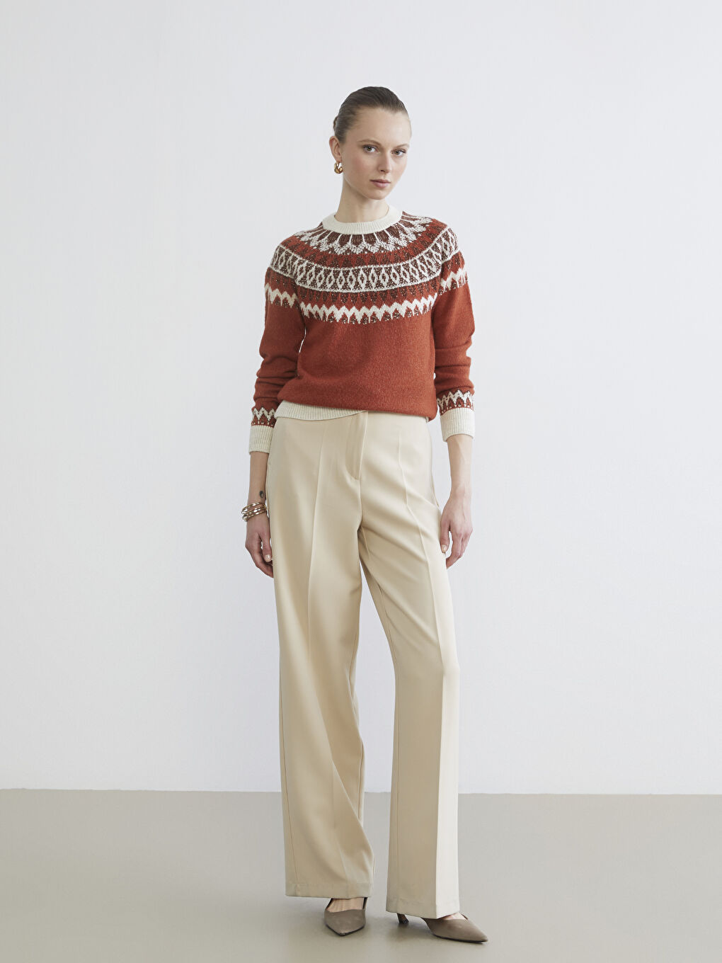 Turuncu Bisiklet Yaka Desenli Kadın Triko Kazak-1