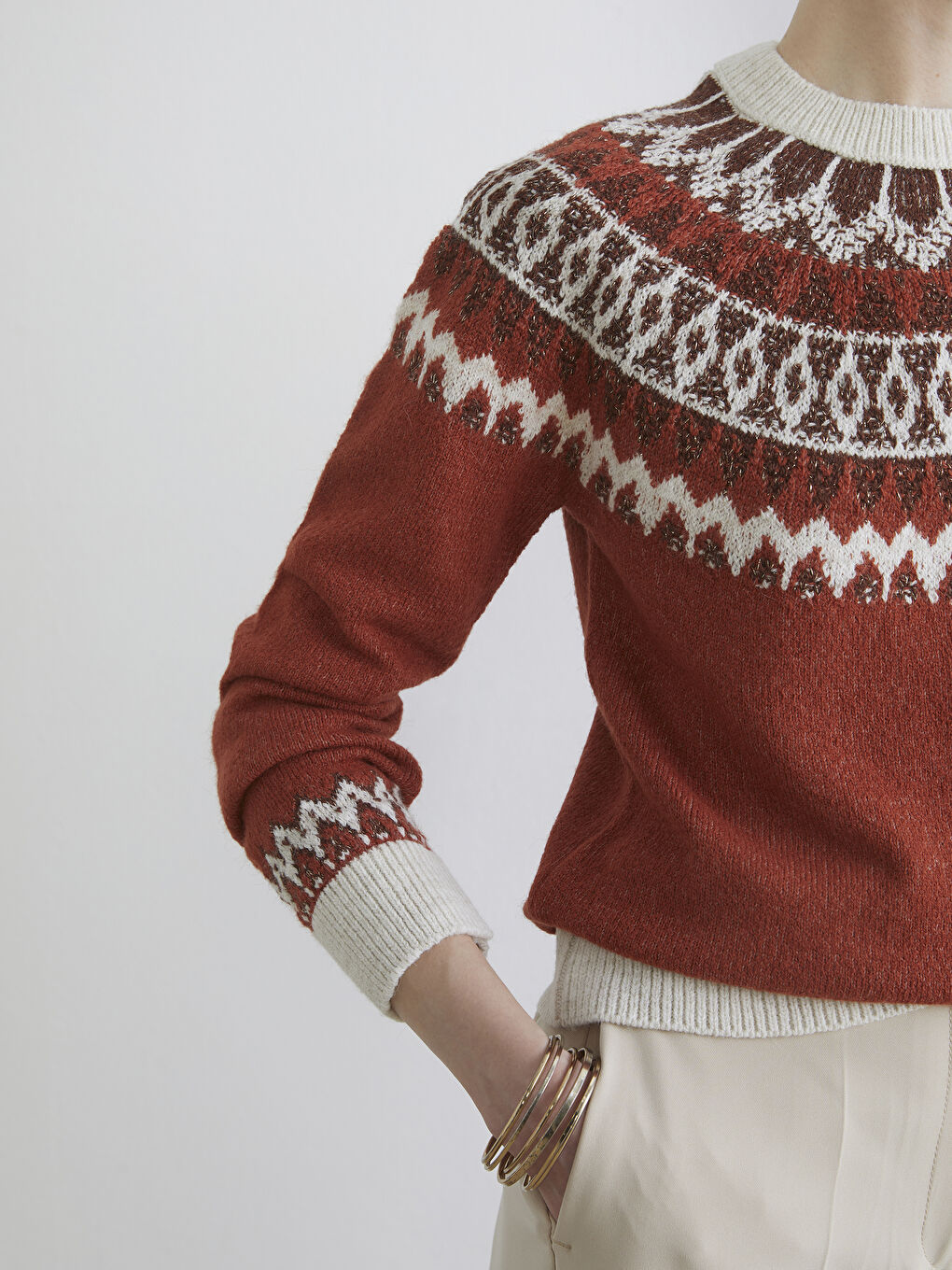 Turuncu Bisiklet Yaka Desenli Kadın Triko Kazak-2