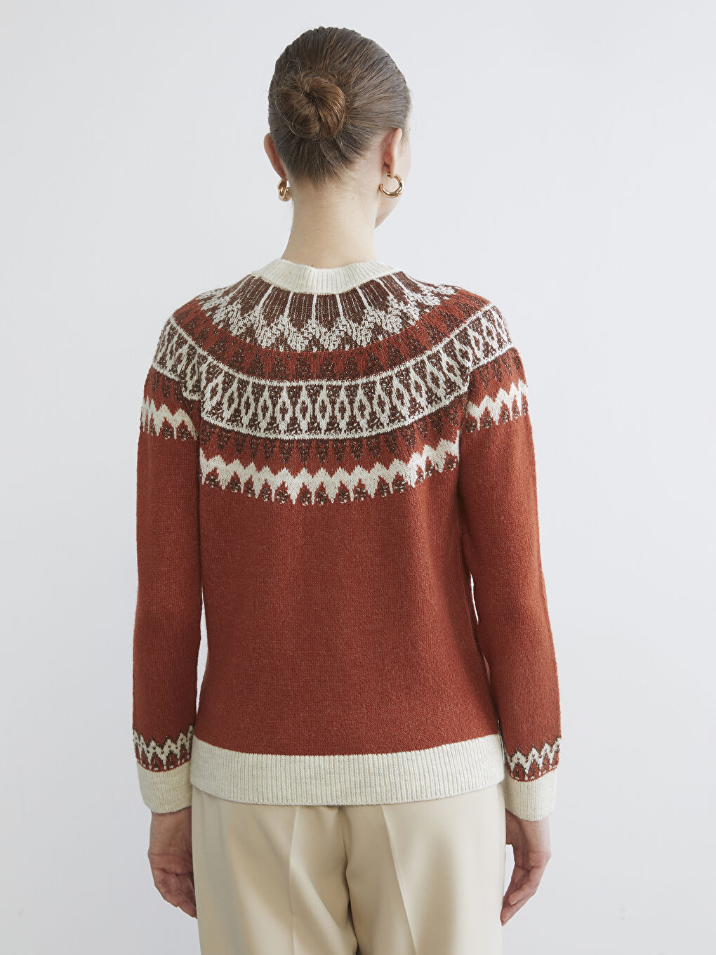 Turuncu Bisiklet Yaka Desenli Kadın Triko Kazak-3