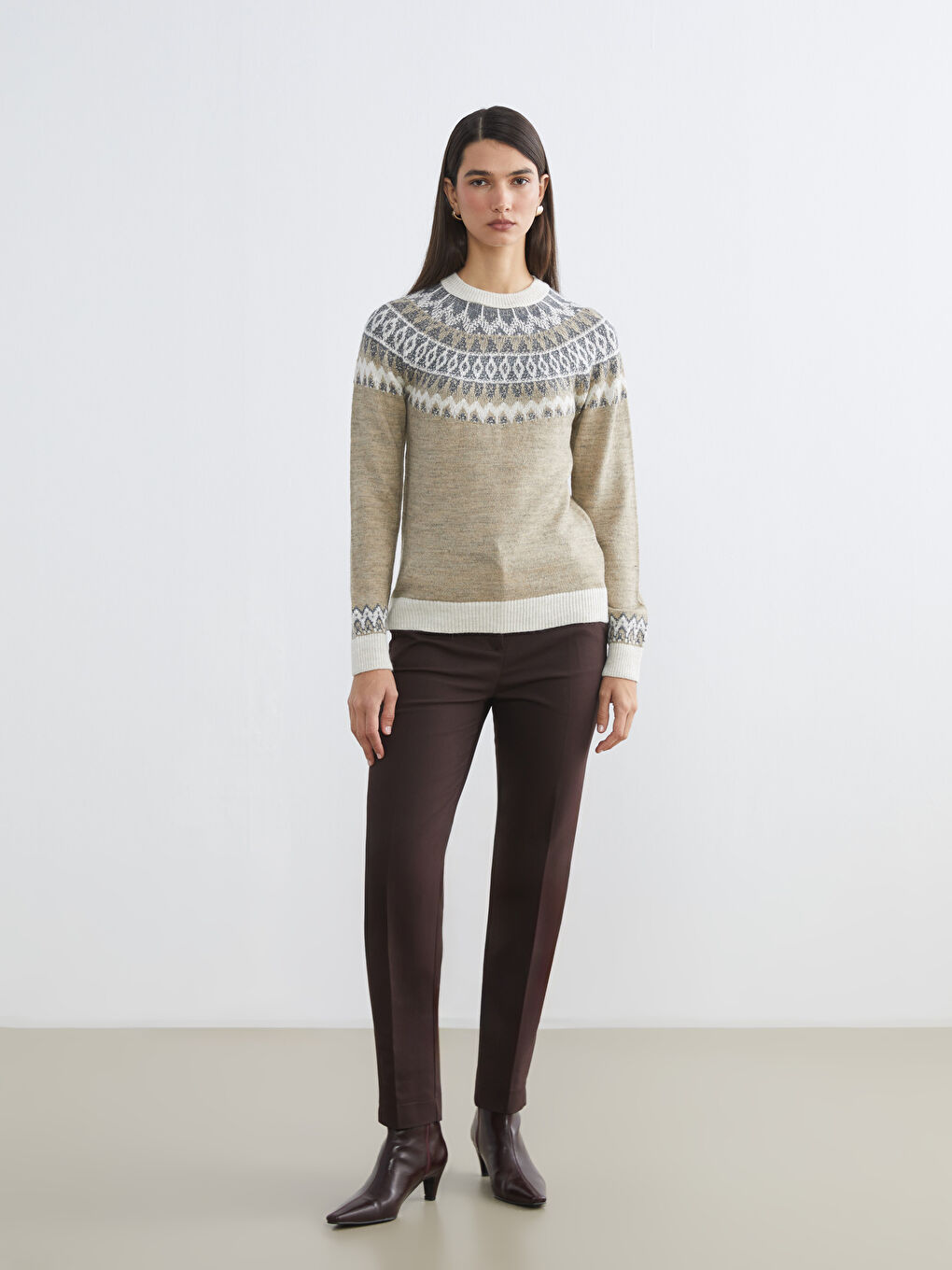 Bej Bisiklet Yaka Desenli Kadın Triko Kazak-1