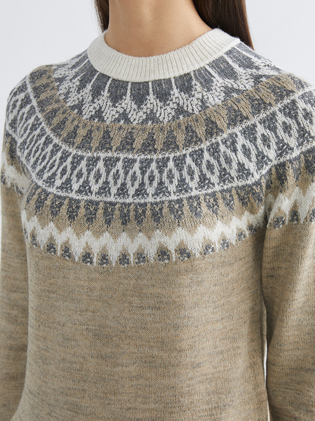 Bej Bisiklet Yaka Desenli Kadın Triko Kazak-2