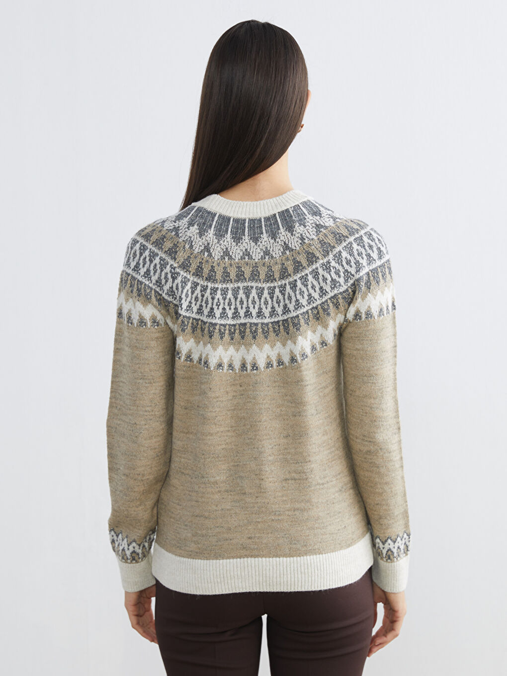 Bej Bisiklet Yaka Desenli Kadın Triko Kazak-3