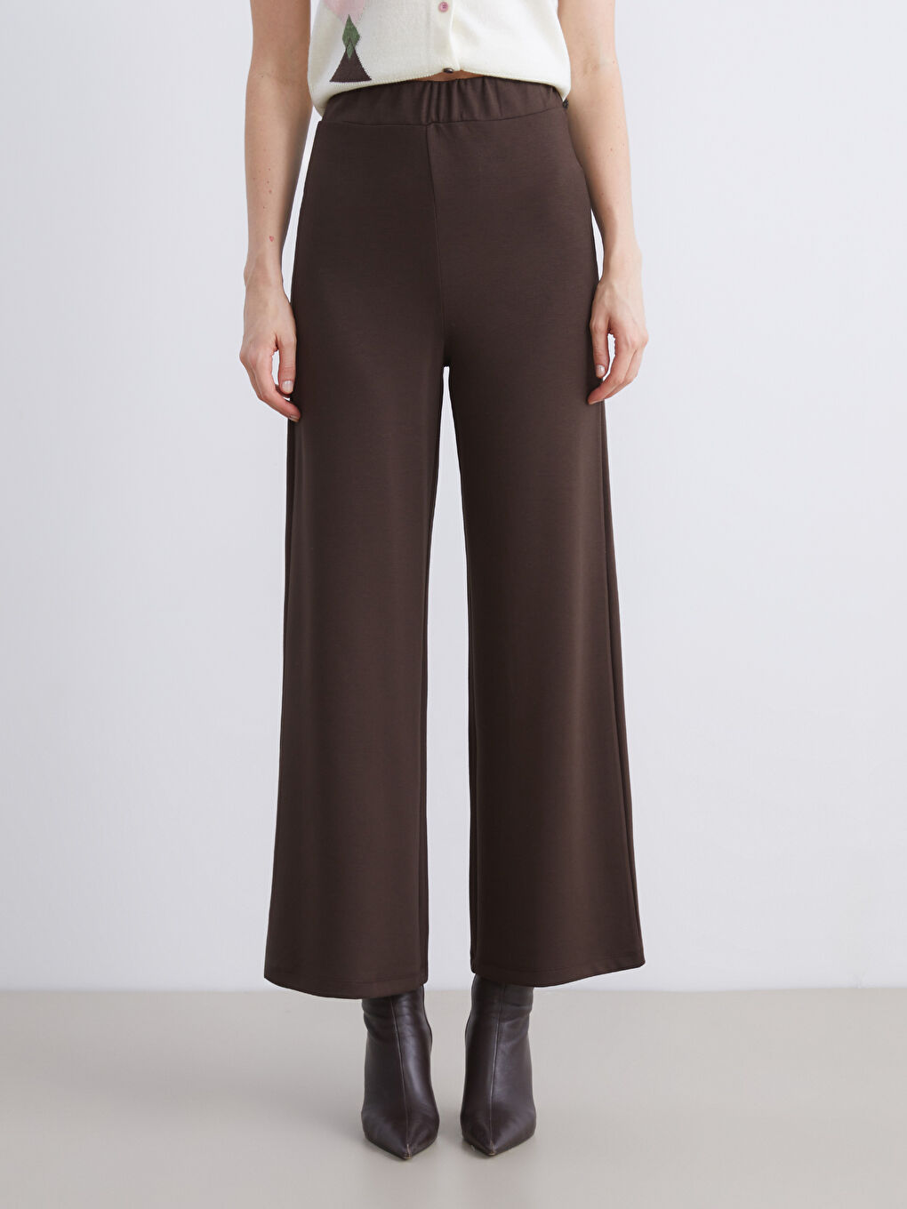 Kahverengi Beli Lastikli Geniş Paça Kadın Eşofman Altı-1