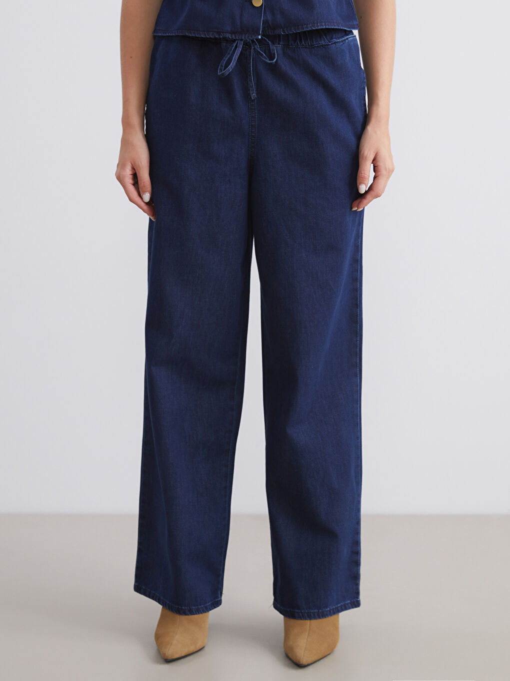 Lacivert Beli Lastikli Wideleg Kadın Jean Pantolon-1