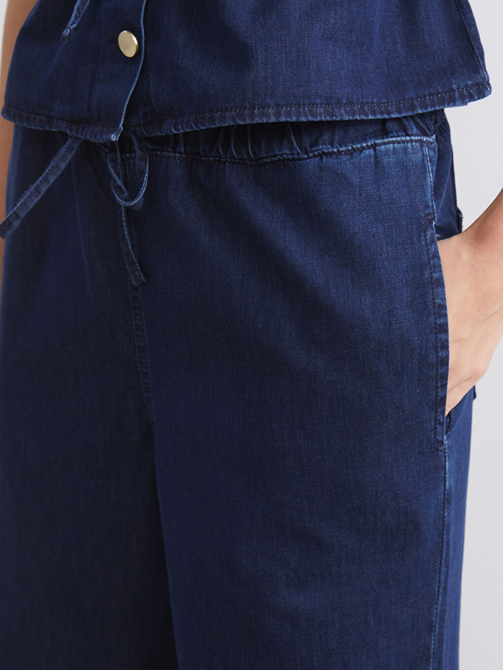 Lacivert Beli Lastikli Wideleg Kadın Jean Pantolon-2