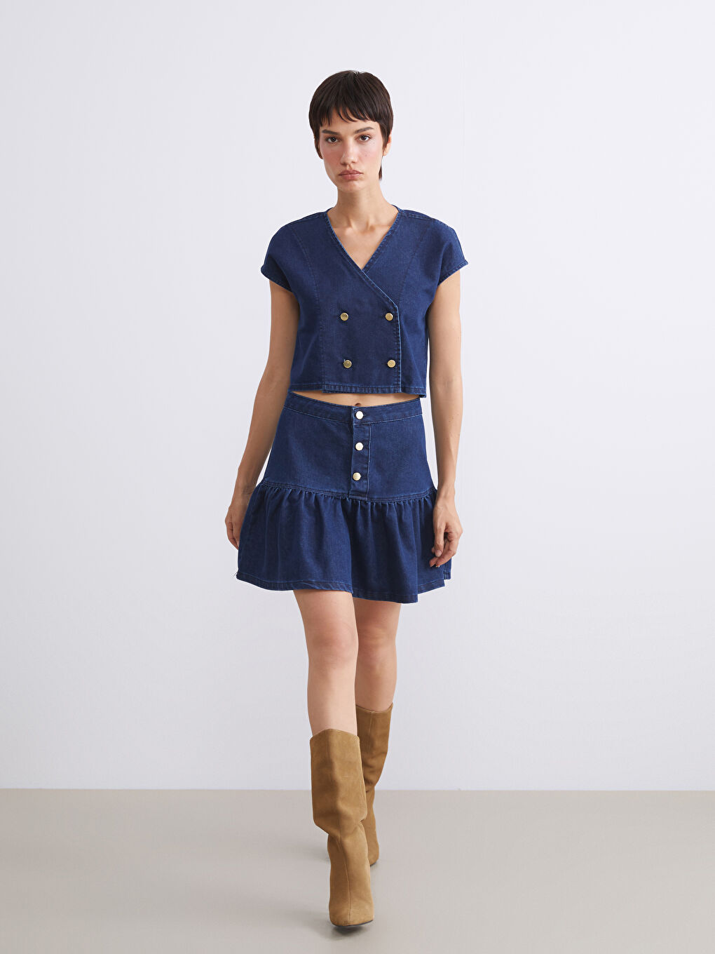 Lacivert Kruvaze Yaka Crop Kadın Jean Yelek-1