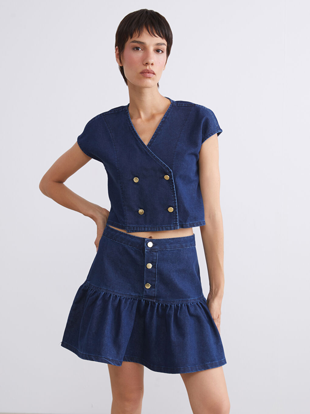 Lacivert Kruvaze Yaka Crop Kadın Jean Yelek-2