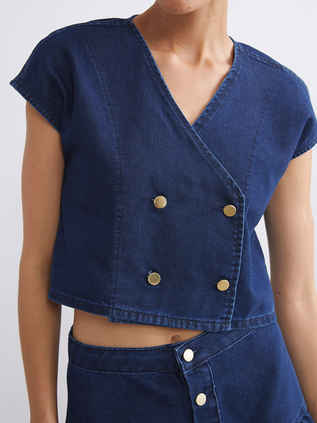 Lacivert Kruvaze Yaka Crop Kadın Jean Yelek-3