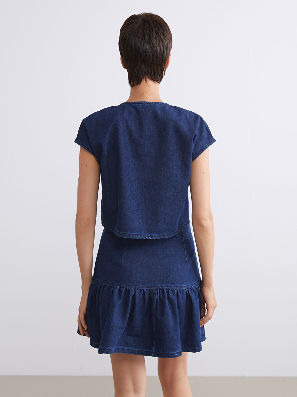 Lacivert Kruvaze Yaka Crop Kadın Jean Yelek-4