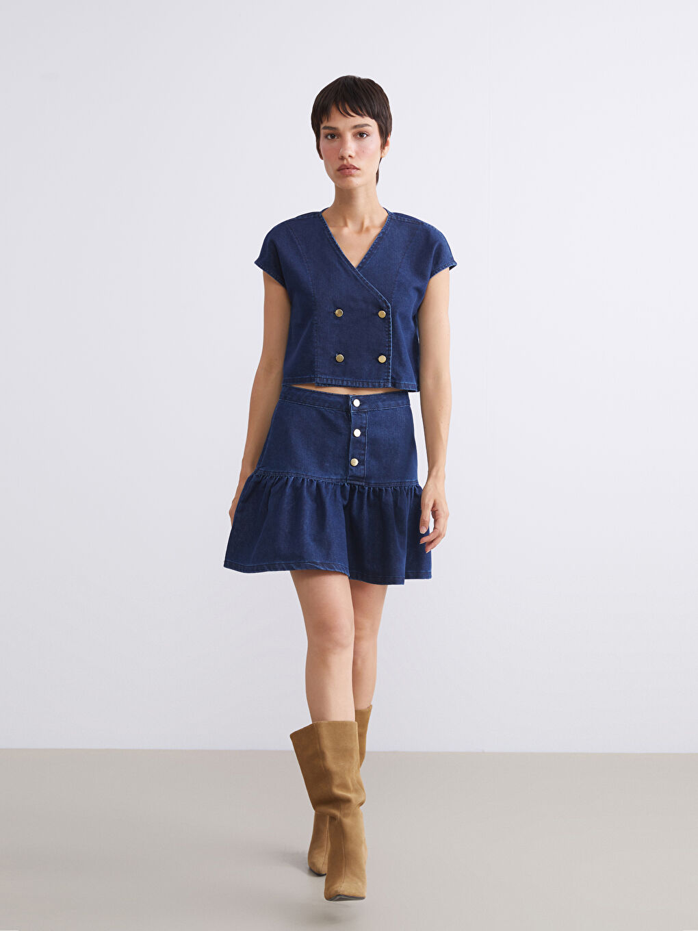 Lacivert Standart Fit Pileli Mini Jean Etek