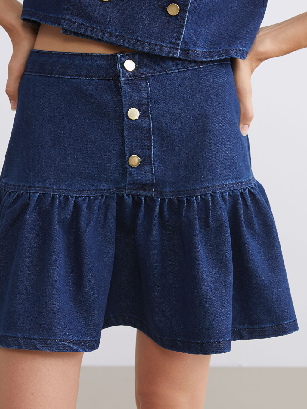 Lacivert Standart Fit Pileli Mini Jean Etek-2