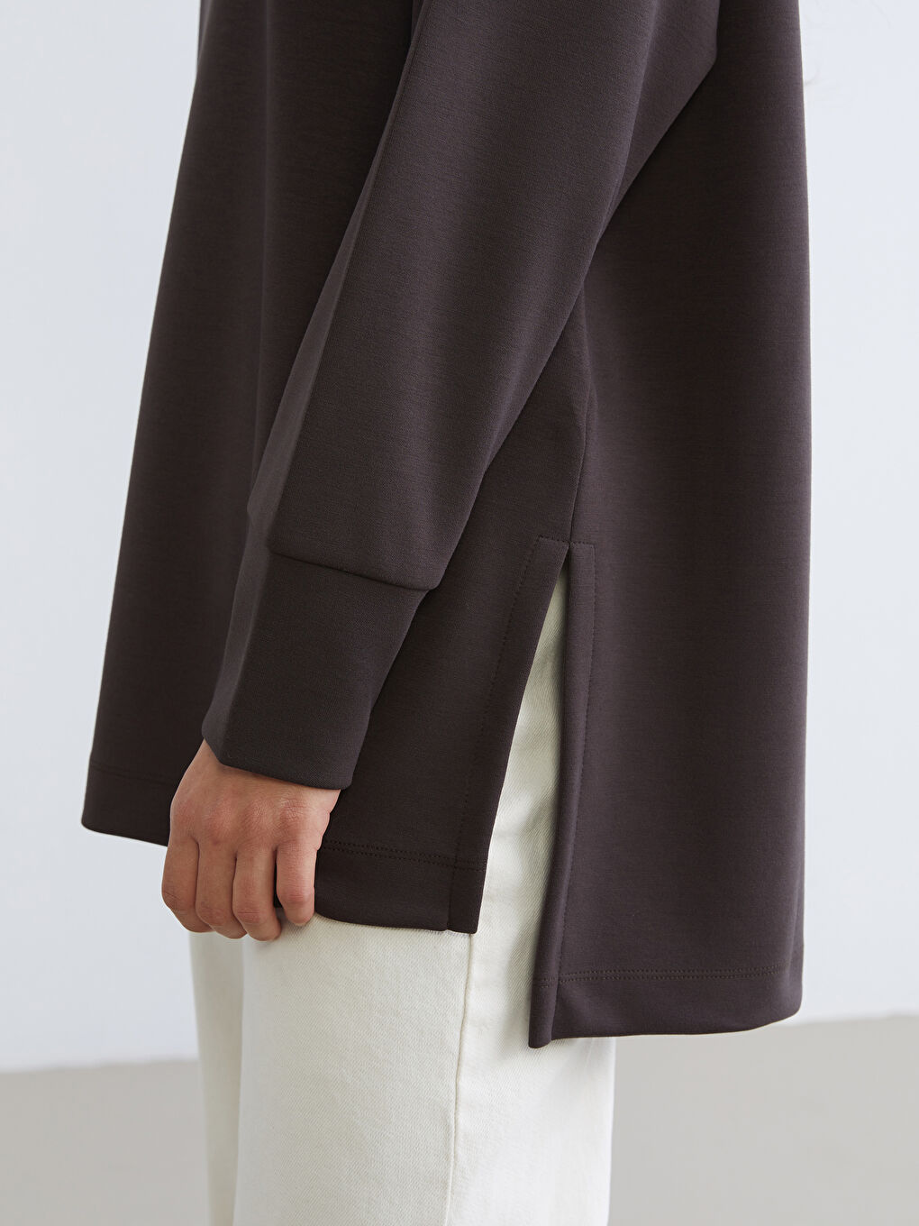 Kahverengi Bisiklet Yaka Oversize Kadın Sweatshirt Tunik-2