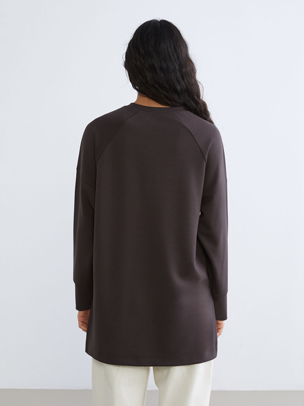 Kahverengi Bisiklet Yaka Oversize Kadın Sweatshirt Tunik-3