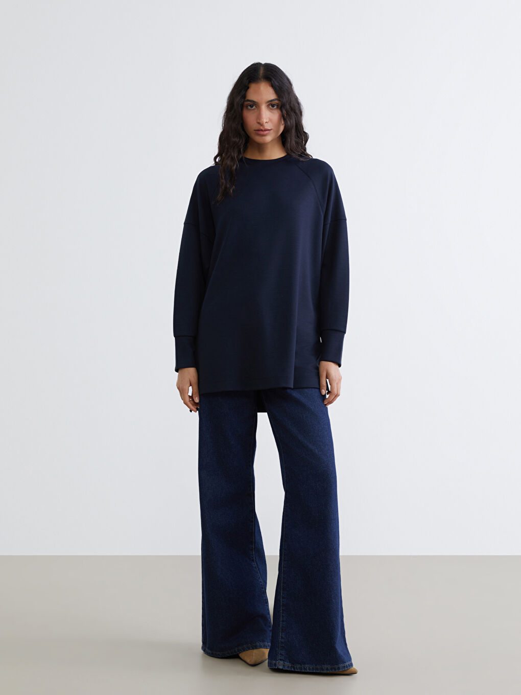 Lacivert Bisiklet Yaka Oversize Kadın Sweatshirt Tunik-1