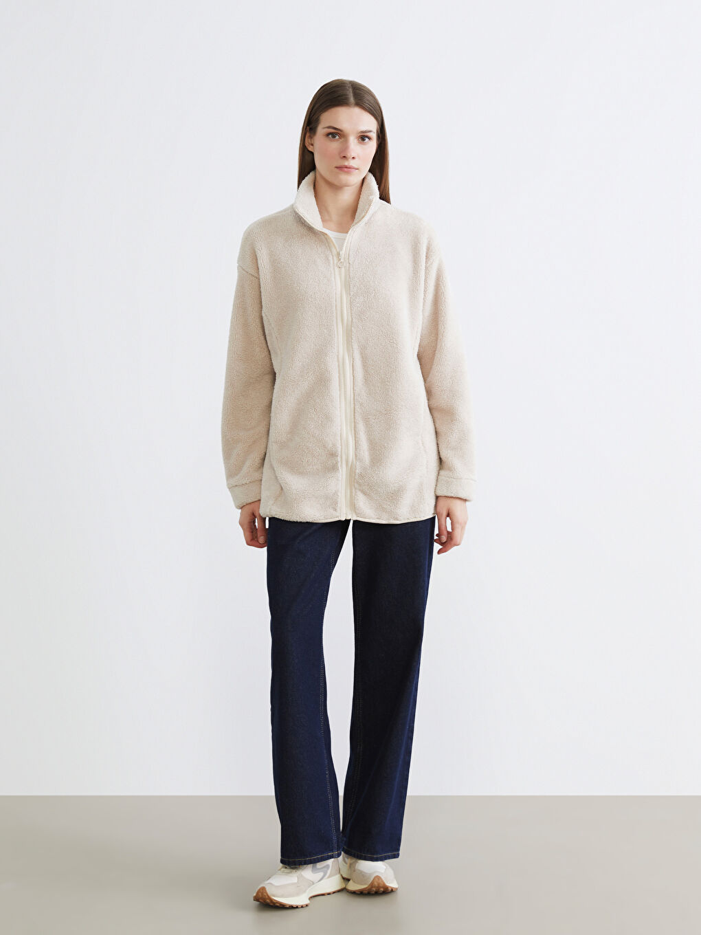 Ekru Dik Yaka Kadın Polar Hırka-1