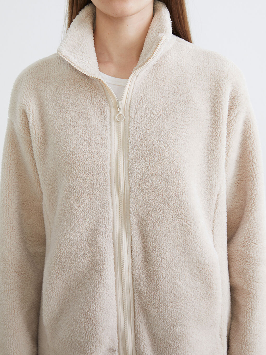 Ekru Dik Yaka Kadın Polar Hırka-2