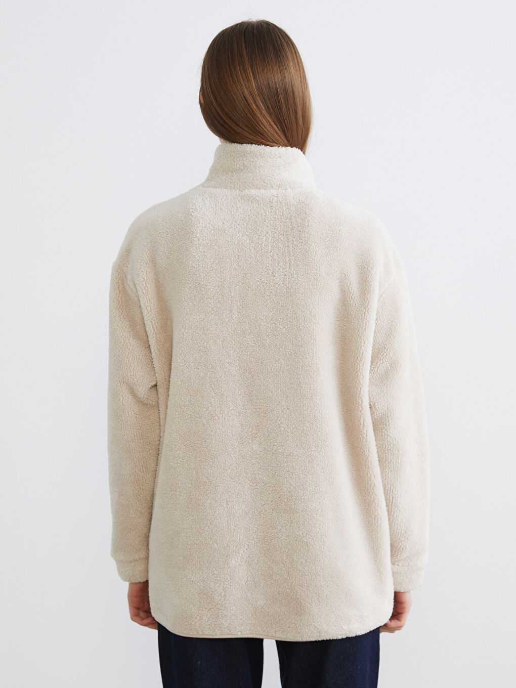 Ekru Dik Yaka Kadın Polar Hırka-3