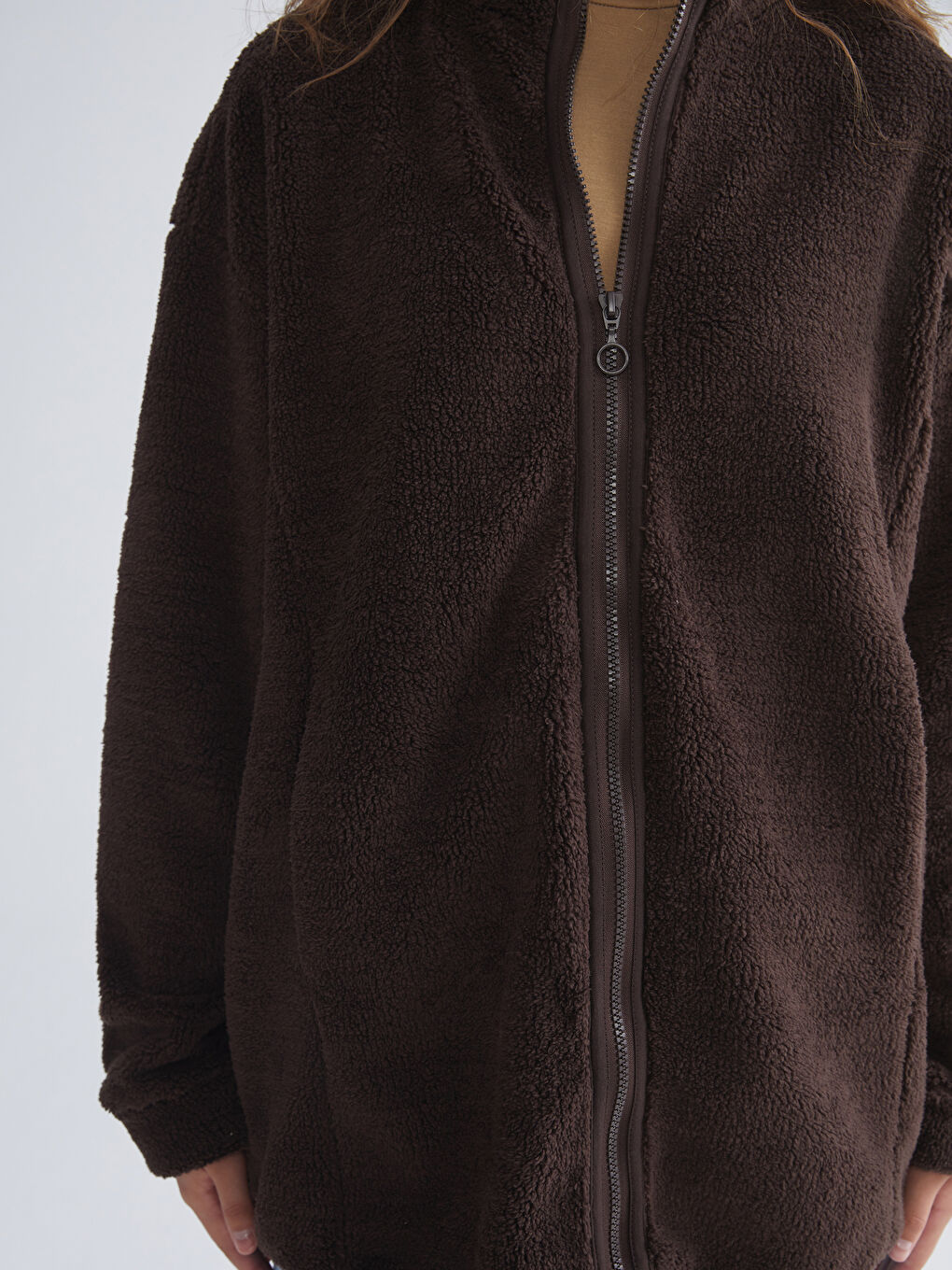 Kahverengi Dik Yaka Kadın Polar Hırka-2